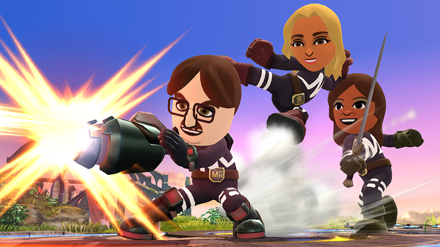 Sakurai said:  «The mysterious fighting teams that appear in the Smash Bros. series come in many shapes and sizes, but this time even we don't know what all of them will look like! It's said that they copy faces from Mii characters saved on your system and attack in a large throng...!! But wait, they all have big smiles on their faces. Looks like they're having a good time, so show no mercy and launch them all away!!» 29.Aug.2014
