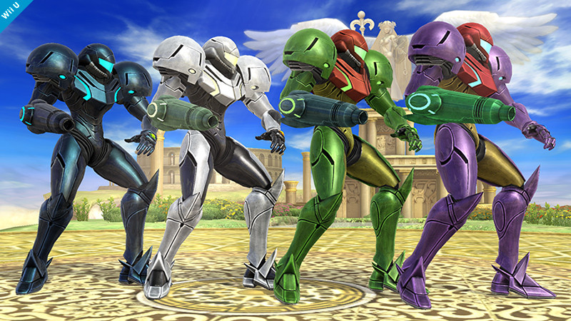 Sakurai said:  «...And here she is in the color schemes of the Gravity Suit from Metroid Prime, Green Samus (a regular in the Smash series), the Light Suit, and Dark Samus. A total of eight colors.» 03.Sep.2014