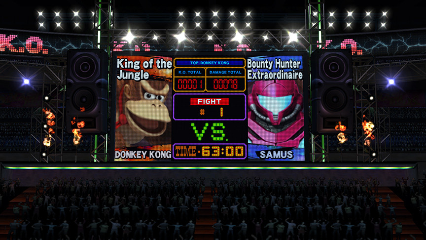 Sakurai said:  �The giant screen in the Boxing Ring stage for Wii U reenacts the multiscreen effect seen in the arcade version of Punch-Out!! Looks like their aliases are displayed on the screen too.By the way, today, October 23rd at 3 PM PST (October 23rd 11 PM UK time, October 24th 9 AM Sydney Time, we are streaming 'Super Smash Bros. for Wii U: 50-Fact Extravaganza' (Super Smash Bros. for Wii U: 50 Must-See Things). You can watch the stream from the links below when it starts.For Americas: http://www.nintendo.com/nintendo-direct/10-23-2014/For Europe: http://www.nintendo.co.uk/Misc-/Nintendo-Direct/Latest-Nintendo-Direct/Nintendo-Direct-698557.htmlFor Oceania: http://www.nintendo.com.au/nintendodirect� 23.Oct.2014