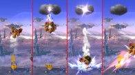 Sakurai said:  «Pikachu's Thunder now starts off with a thundercloud that deals a Meteor Smash! From left to right, you can see this combo starting with Pikachu throwing the opponent upward, Meteor Smashing with the lightning strike, and then directly attacking. Foes can dodge, of course, so the attack won't hit consistently, but when it does, it sure feels good!» 03.Apr.2014