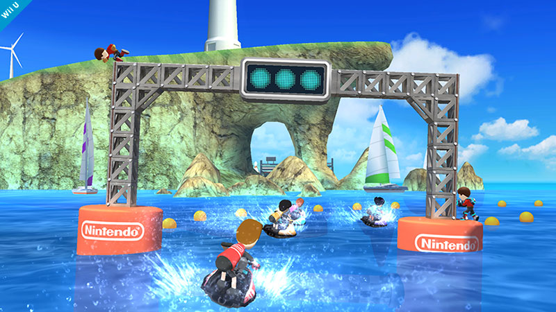 Sakurai said:  «For example, here's the starting line of a power-cruising race. You may also find yourself at a mountain summit, in front of a fountain, on a suspension bridge, in a fighting arena, or riding on a boat. The stage really feels like a resort vacation.» 07.Nov.2014