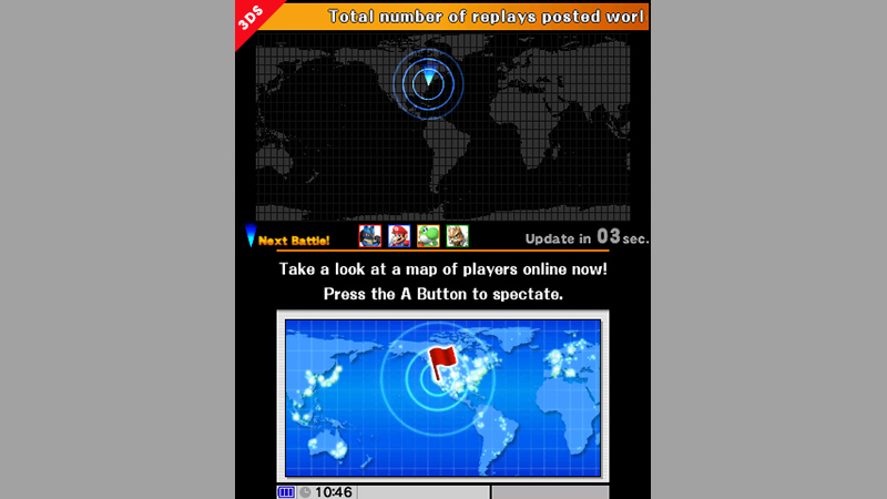 Sakurai said:  «This is the World Status you can see in Spectator mode. The game isn't released yet so the map looks pretty plain now, but I wonder what it'll look like once it's out? Also, this is where you can see all sorts of stats being tallied up. In Group play and Spectator mode, you can see characters you haven't unlocked yet, so watch out if you don't want to be spoiled.» 12.Sep.2014