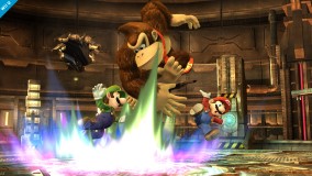 X* This image is from Super Smash Bros. Brawl version - Donkey Kong Down Throw - Sakurai said:  «Mario Bros., your days are numbered! Donkey Kong in the current build is super strong...but we'll be looking at the battle records when balancing out the characters, so nobody knows how he will turn out in the end.» 02.Sep.2013
