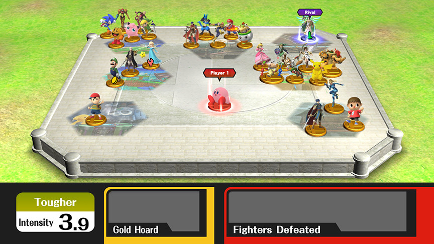 Sakurai said:  «Classic mode in the Wii U version is set up like a battle coliseum with multiple fighters teamed up with each other. Move your trophy and join in anywhere you want. You can see faint images of stages on the platform--the number of fighters clustered on those images indicates the number of fighters you'll face. As you can see, this feature leverages the fact that the game supports multiplayer with up to eight players.» 29.Oct.2014