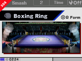 Sakurai said:  «Also, For the Boxing Ring, if you select the stage while holding down the L Button, you can play on the Smash Bros. version of the stage. If you hold down the Y Button, you can choose to play on the Punch Out! version.  These variations are usually selected at random, but this method lets you select them manually.» 29.Sep.2014