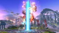 Sakurai said:  «I talked about an attack with a far reach in yesterday's post, but it didn't compare to Palutena's up smash attack! No joke, it reaches really far. It reached so far in this shot that even the rocketbarrels got blown up.» 08.Jul.2014