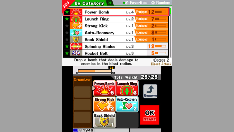 Sakurai said:  «Here's the place you equip powers for Smash Run. Pack a good mix of them like a lunch box, and off you go! You can change how your powers are set up by touching their icons and dragging them.If you hit the X Button, it will randomly fill up the remaining weight allowance with powers. You can keep changing the line-up as many times as you please. The level of a power is proportional to its strength, number of uses, and weight. Organizing them might be easier if you label your favorite powers with a ?.» 15.Aug.2014