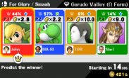 Sakurai said:  «Spectator Mode is available even on the compact 3DS version!! In this mode, you can watch players all around the world fight and make bets with in-game gold. Wager wisely by checking out the player names, rules, win rates, odds, fighters, and stage!!» 26.Aug.2014