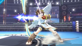 X* This image is from Super Smash Bros. Brawl version - Pit Neutral Special - Sakurai said:  «Kid Icarus: Uprising is now available to download via eShop in Japan. By the way, we gave a makeover to Pit's pose when he's shooting his bow and arrow so it looks sharper. Do note that all images are still in development. This and past pics may be different from the finished product. Thanks for understanding.» 01.Nov.2013