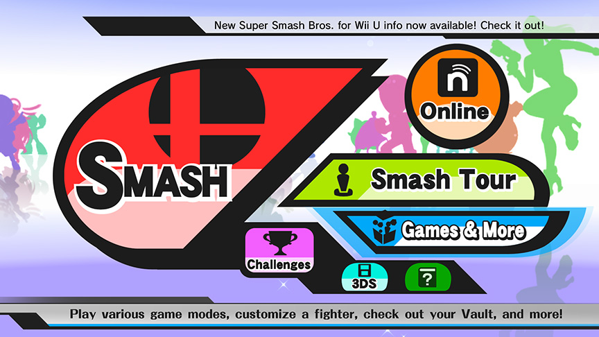 Sakurai said:  «Here's the main menu of the Wii U Version. Colorful silhouettes of various fighters stream in the background. It looks sparkly.» 03.Nov.2014
