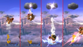 X* This image is from Super Smash Bros. Brawl version - Pikachu Down Special - Sakurai said:  «Pikachu's Thunder now starts off with a thundercloud that deals a Meteor Smash! From left to right, you can see this combo starting with Pikachu throwing the opponent upward, Meteor Smashing with the lightning strike, and then directly attacking. Foes can dodge, of course, so the attack won't hit consistently, but when it does, it sure feels good!» 03.Apr.2014